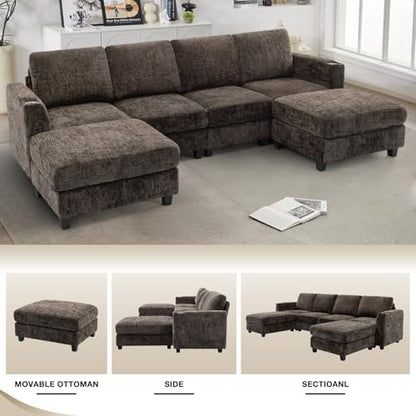 110" Convertible U-Shape Couch with 2 Flexible Ottomans, Brown | Soft Sectional Sofa w/2 Built-in Cup Holders, Chenille 4 Seats Sofa with Well-Filled Back Cushions for Living Room, House - color: Brown, size: 110" U-Shape