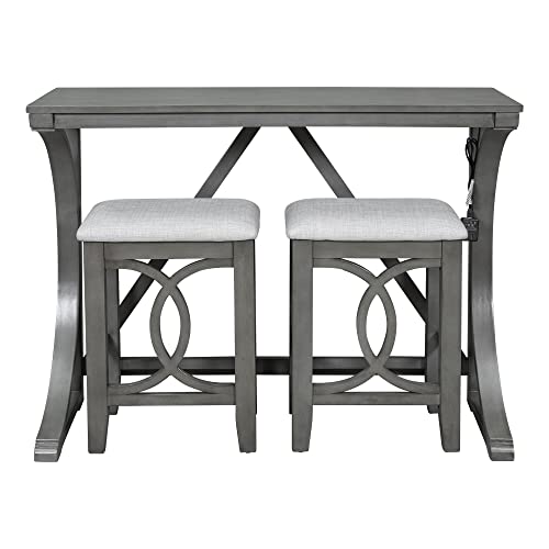 RuiSiSi 3 Piece Counter Height Dining Set, Farmhouse Kitchen Table Set with USB Port and 2 Upholstered Stools, Breakfast Nook Set for Kitchen, Dining Room, Living Room, Grey - color: Grey