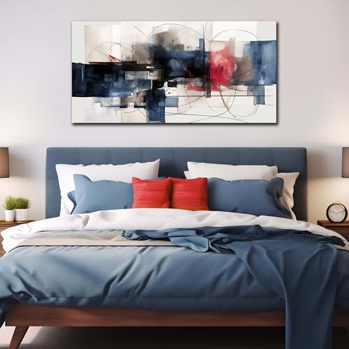 Fuwobriva Abstract Canvas Wall Art for Living Room Bedroom Office Large Wall Art Decor Abstract Wall Art Modern Black Red and Blue Geometry Painting Artwork 24"x48" - size: 24L" x 48W"