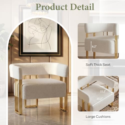Modern White Boucle Accent Chairs Set of 2, Barrel Chairs for Living Room | STHOUYN Bedroom Armchairs, Curved Barrel Design, Soft Boucle Upholstery, Gold-Tone Legs, Wide Seats, Small Space Office - color: White