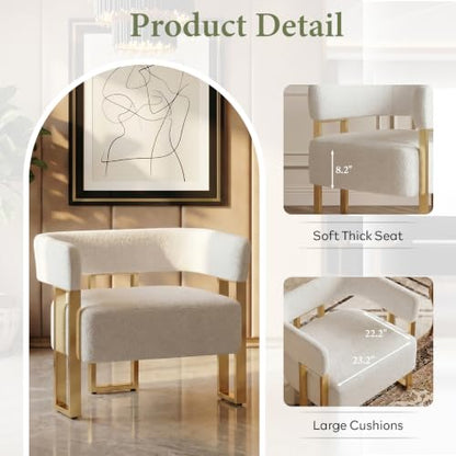 Modern White Boucle Accent Chairs Set of 2, Barrel Chairs for Living Room | STHOUYN Bedroom Armchairs, Curved Barrel Design, Soft Boucle Upholstery, Gold-Tone Legs, Wide Seats, Small Space Office - color: White