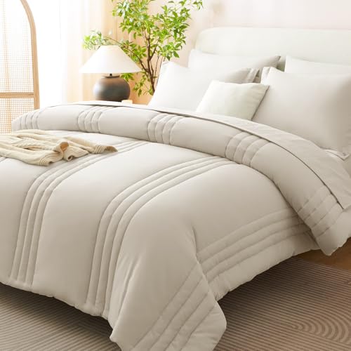 Super King Plus Comforter Set Beige - Oversized 128x120 Bed Set | Maximum King-Bed Coverage, 240GSM Down-Alternative Fill, 14" Deep-Pocket Sheets, Shams & Pillowcases, Lightweight - color: Beige, size: Super King Plus