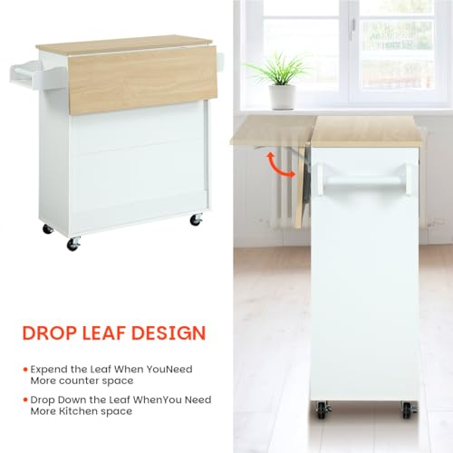 Kitchen Island with Storage, Rolling Kitchen Island on Wheels with Scalable,Open Spice Rack Shelf, Door Cabinet，Kitchen Cart Island Table for Kitchen, White