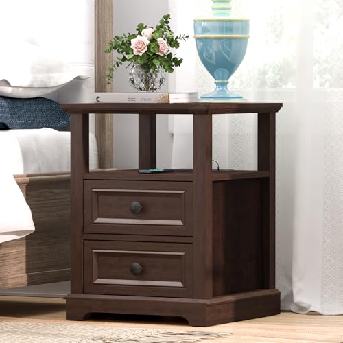 24" Tall End Table with Charging Station & 2 Drawers | Double 18W Fast Charge, Large 18" Bedside Table, Open Shelf, Living Room, Bedroom, Home Office - color: Cherry, size: 1 Piece