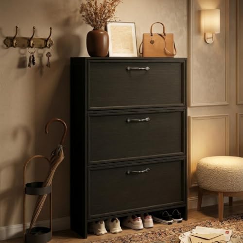 Garvee 3 Flip Drawers Shoe Cabinet with Adjustable Shelf & Anti-Tipping Kit | 3 Flip Drawers with Adjustable Shelf, Bottom Shelf for Shoes, Embossed Black, Hallway/Entryway Shoe Cabinet - color: Black, size: 3 Drawers