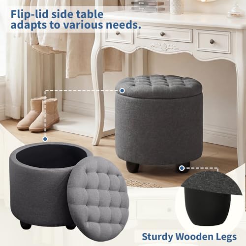 19 Inch Storage Round Ottoman, Footstools with Hidden Storage with Removable Lid, Stylish Button Tufted Design Ottoman Foot Stools for Living Room, Bedroom, Darkgrey - color: Grey