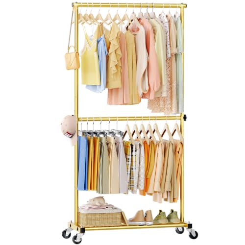 Double Rod Clothes Rack, 35" Wide Hanging Rack for Clothes, Portable Clothing Racks for Hanging Clothes, Rolling Garment Racks with Wheels for Bedroom Closet, Gold - color: Gold