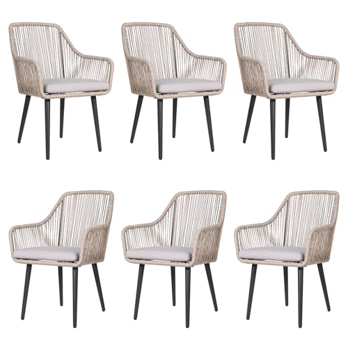 Outdoor Dining Chairs Set of 6, Rattan Patio Chairs with Armrest, Tan | All-Weather Woven Rattan & Iron Frame, w/Seat Cushions,350lb Weight Capacity, for Backyard, Poolside, Balcony, Indoor Kitchen - color: Tan, size: 6 Pcs-Dining Chairs