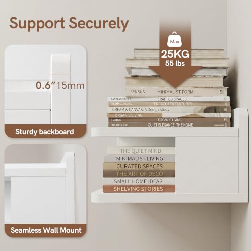 Afuly Floating Nightstand Set of 2 White Bedside Table with ChargingStation | Wall Mounted Side Table with Led Light Modern Minimalist End Table Small Hanging Storage Organizer for Bedroom, Apartment