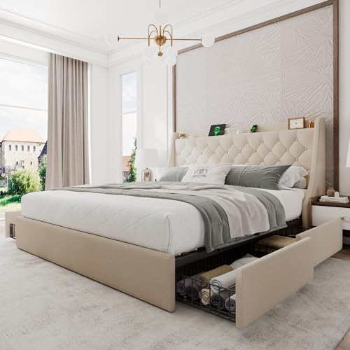 Einhomn Upholstered King Size Bed Frame with 4 Storage Drawers, Modern Platform Bed with Wingback Headboard, Charging Station, No Box Spring Needed, Beige - color: Beige, size: King