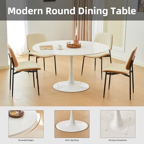 43.5" Tulip Table, Round Dining Table with Thickened Tabletop & Metal Pedestal, Mid Century Modern Bistro Circle Table for Kitchen, Small Places, Living Room, Cafe (White)