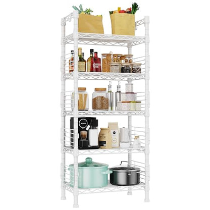 Metal Storage Rack, Storage Organizer Shelves for Kitchen, Bathroom, Living Room, Balcony and Garage, 5 Tiers Narrow Bookshelf, 21.2" W x 9.4" D x 59.2" H, Load 400lbs, White | 5 Tiers Narrow Bookshelf, Storage Rack for Bathroom, Living Room, Balcony and