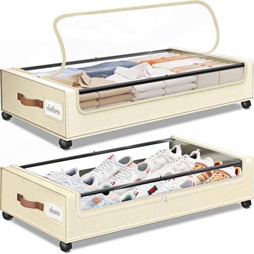 Under Bed Storage with Wheels 2Pack Storage Containers with Clear Window | Under Bed Drawers Rolling Under Bed Storage for Clothes,Shoes, Blankets (30.71 x 16.93 x 6.69 in, Beige) - color: Beige, size: 2 Pack