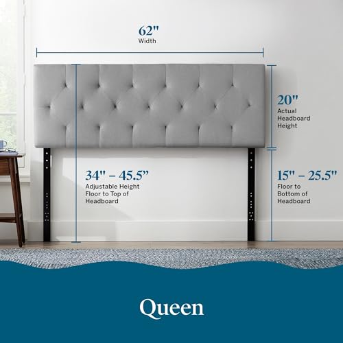 Lucid Mid-Rise Upholstered Headboard - Diamond Tufted - Padded Polyester - Adjustable Height from 34” to 46” - Easy Assembly - Bed Frame or Wall Mount - Sturdy - Stone - Queen Size - color: Stone, size: Queen