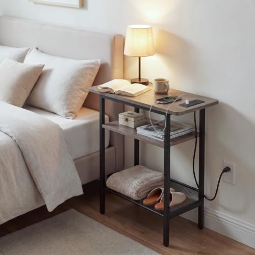 HOOBRO Side Table, Narrow End Table with Shelf, Charging Station, Wide Storage Tabletop, 3-Tier Bedside Tables for for Small Spaces, Living Room, Bedroom, Greige and Black BG366UBZ01 - color: Greige + Black