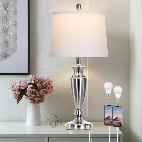 Rinweey 27" Silver Table Lamps for Living Room Single, 3 Way Touch Control Bedside Lamps with USB A+C Ports, Modern Brushed Nickel Bedroom Lamp, Metal Tall Lamp for Nightstand Desk Side Table Office - color: Silver-27"H-1PK