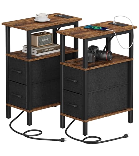 2 Set Narrow Side Table for Small Spaces, Skinny End Table with Charging Station, Sofa Beside Table with 2 Drawers 1 Open Compartment, Slim Nightstand with USB Ports Outlet, Rustic and Brown UTBT004F2 - color: Rustic Brown