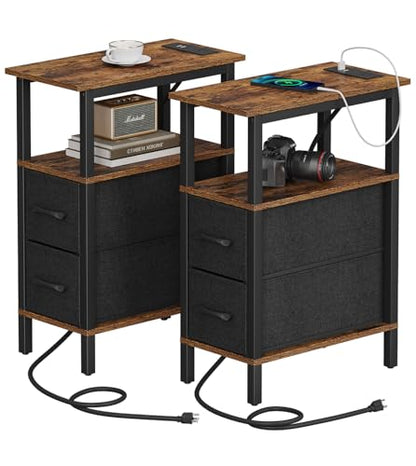2 Set Narrow Side Table for Small Spaces, Skinny End Table with Charging Station, Sofa Beside Table with 2 Drawers 1 Open Compartment, Slim Nightstand with USB Ports Outlet, Rustic and Brown UTBT004F2 - color: Rustic Brown