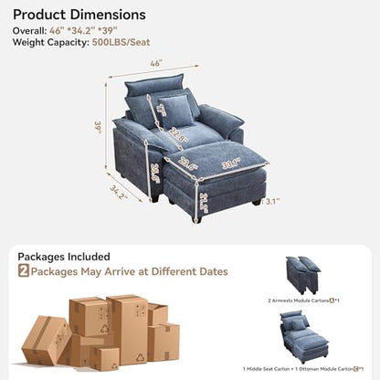 46''Cloud Oversized Sofa Chair with Detachable Headrest, Upholstered Comfy Arm Accent Chair with Ottoman,Modern Chenille Reading Lounge Armchair for Living Room,Bedroom, Blue - color: Blue, size: Oversized Chair with Ottoman