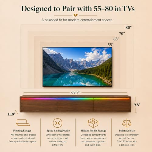 Brown Floating TV Stand Wall Mounted, 68.9'' TV Console Cabinet | floating tv console for 75-80 inch tv midcentury modern tv stand - color: Brown-e