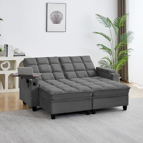 70.9" Chaise Lounge Chair Indoor, Oversized Boucle Upholstered Sofa Bed, Adjustable Backrest Deep Seat Reading Chair, Sofas Couches for Living Room with Storage, Cup Holders and 360° Swivel Side Table - color: 1007s--dark Grey