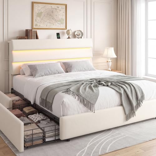 Jocoevol Beige Queen Size Bed Frame with 2 Storage Drawers&Headboard Shelf | Velvet Upholstered Platform Bed with LED Lights & Charging Station, Wooden Slats Support, No Box Spring Needed - color: Beige, size: Queen