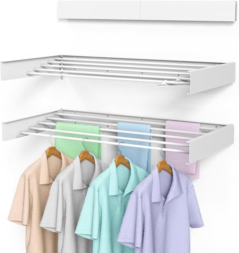 Laundry Drying Rack, Collapsible Wall Mounted Clothes Drying Rack - Drying Rack Clothing Foldable,Space Saving, 31" Wide, 13.2 Linear Ft, 5 Aluminum Rods, 60 lb Capacity (White, 31") - size: 31"