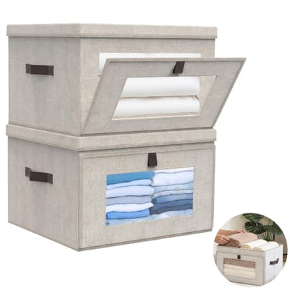 Magnetic Front Opening Fabric Storage Bins with Lids, 15x9.8x9.8in, 2Pack | Domsanistor Storage Box with Window for Closet, Shelf, Living Room,Beige - size: 15 Inch-2 Pack
