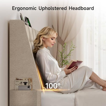 Ergonomic Upholstered Headboard Full Size w/Charging Station, Linen Wingback Headboards w/Storage Pocket, Full Headboard Only, Bed Frame Adapters, Sturdy Stable Solid Wood Bed Head Board, Beige - color: White Beige, size: Full