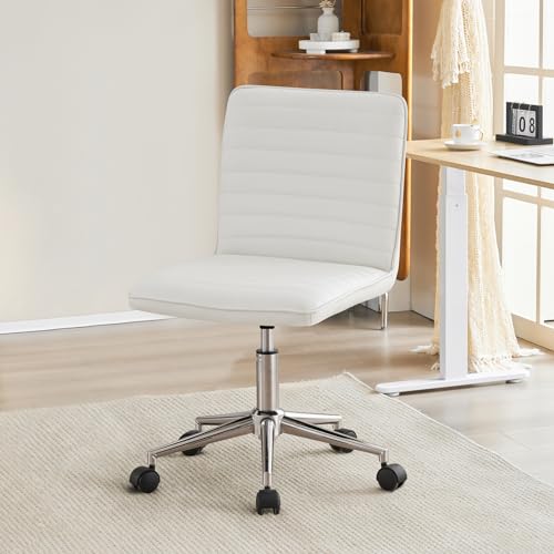 Furnimart Armless Swivel Rolling Desk Chair, Adjustable Faux Leather Vanity Chair with Gold Legs, Cute Task Chair with Wheels for Living Room Bedroom Studying Small Places (PU White) - color: Pu-white