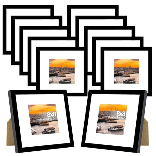 JCJMY 12 Packs 8x8 Picture Frames, Display 5x5 with Mat or 8x8 without Mat, Square 8 by 8 Frames Bulk Set of 12 Collage Wall Decor Photo Frames Set for Wall and Tabletop, Black - color: Black, size: 8x8 inch