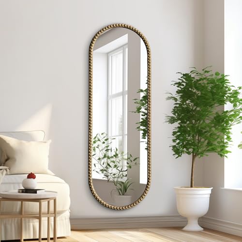 Antique Gold Full Length Mirror Oval Full Body Wall Mirror Baroque Beaded Mirrors Gold Metal Framed Decorative Wall Mirror for Bedroom Entryway 47"X16" - color: Gold, size: 16"L x 47"W