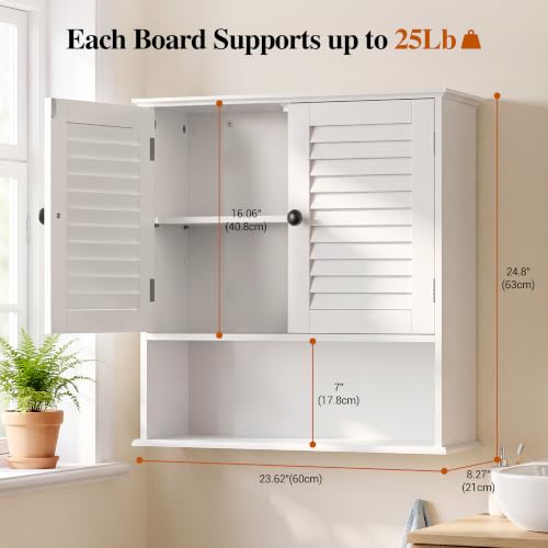 Bathroom Wall Cabinet with Adjustable Shelf, White 25" x 24" Medicine Cabinet with Louvered Doors, Over Toilet Storage Cabinet, Wall Mounted Bathroom Organizer for Bathroom, Laundry Room - size: 24.8" x 23.6" x 8.3"