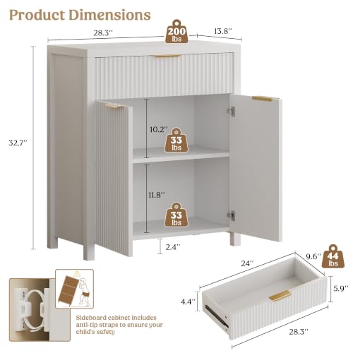 Fluted Buffet Cabinet for Kitchen, 28.3" Sideboard Cabinet White | Adjustable Shelves, Quiet Full-Extension Slides, Curved Metal Handle, Coffee Bar with Drawers for Dining Room, Entryway - color: White, size: 13.8"D x 28.3"W x 32.7"H
