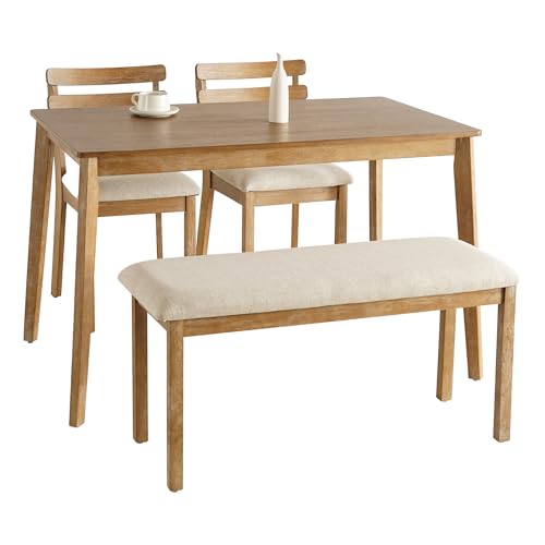 4-Piece Farmhouse Dining Set, Wooden Dining Table with 2 Chairs, Bench Seat | Upholstered Chairs and Bench, Mid-Century Modern Wooden Kitchen Table Set for Dining Room, Small Spaces, Rubberwood Legs - size: 1 Table With 2 Chairs+ 1 Bench