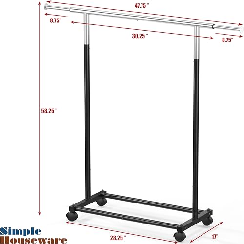 Simple Houseware Standard Rod Garment Clothing Rack, Black | Single Rail, Extendable Width from 30 to 47 Inches, Rolling Clothing Organizer for Bedroom, Laundry, Living Room - color: Black