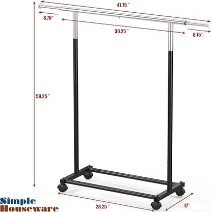 Simple Houseware Standard Rod Garment Clothing Rack, Black | Single Rail, Extendable Width from 30 to 47 Inches, Rolling Clothing Organizer for Bedroom, Laundry, Living Room - color: Black