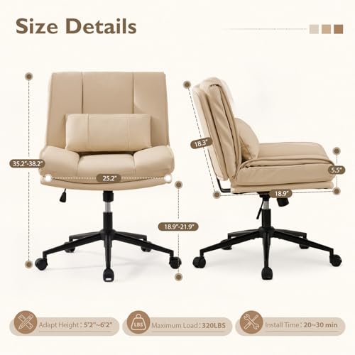 Armless Criss Cross Office Chair with Wheels,PU Leather Beige | 5.5" Double Layers Thickened Seat Cushion and Backrest,Lumbar Pillow,Swivel Chair,Wide Comfortable Cross Legged,320LBS - color: Beige