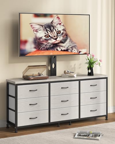 TV Stand with Mount for 32/55/65/75/85 inch TVs, Entertainment Center with 9 Fabric Drawers Dresser Storage, Height Adjustable Media Console - color: Greige