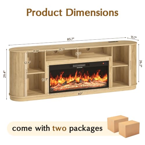 85.6" Fireplace TV Stand for TV Up to 90",Entertainment Center with 40" Electric Fireplace,Simulates 12 Flame Colors,Countertop with Power Outlet, Large Capacity, for Living Room,Natural Oak - color: Oak