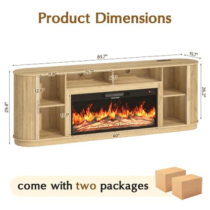 85.6" Fireplace TV Stand for TV Up to 90",Entertainment Center with 40" Electric Fireplace,Simulates 12 Flame Colors,Countertop with Power Outlet, Large Capacity, for Living Room,Natural Oak - color: Oak