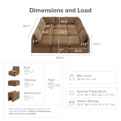 mopio Oversized Modular Sectional Sofa with Fully Removable Covers and Storage, Convertible U, L-Shaped and Sleeper Sectional, Modern Couches with Ottoman Chaise (Hazelnut Velvet, 9 Seats, Sleeper) - color: [Gen 2] Hazelnut Velvet, size: 9 Seats, Sleeper