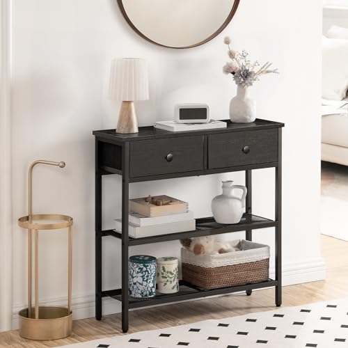 HOOBRO 29.5" Narrow Console Table with 2 Fabric Drawers, Sofa Table, Small Entryway Table with 3-Tier Storage Shelves, Behind Couch Table, for Living Room, Hallway, Black BB72XG01 - color: Black