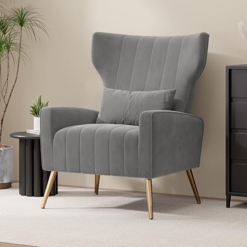 Nebuaegis Velvet Accent Chair Wingback for Living Room, High Back Arm Chair with Golden Legs Lumbar Pillow, Upholstered Single Sofa Bedroom Grey - color: Grey, size: Set of 1