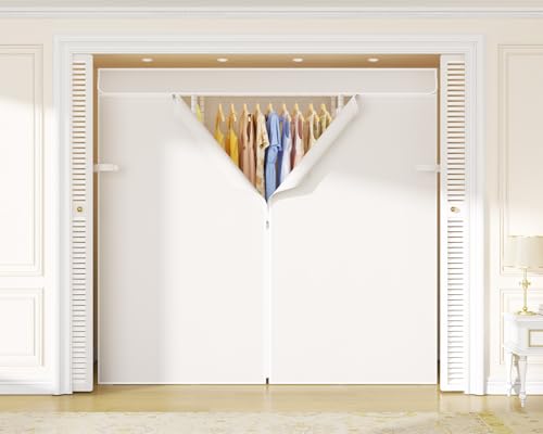 E3C White Clothes Rack with Beige Cover, Heavy Duty Garment Rack | Freestanding Metal Closet System Storage Organizer for Clothing, Clothing Rack Holds up to 850 lbs, 59.5"W x 16.5"D x 77.4"H - color: White Rack with Beige Cover