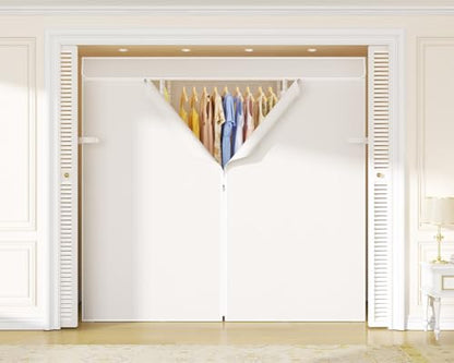 E3C White Clothes Rack with Beige Cover, Heavy Duty Garment Rack | Freestanding Metal Closet System Storage Organizer for Clothing, Clothing Rack Holds up to 850 lbs, 59.5"W x 16.5"D x 77.4"H - color: White Rack with Beige Cover