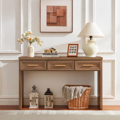 RWYHG 47" Entryway Table with 3 Drawers, Wood Console Table, Light Walnut | Layered Drawer Front Design , Open Bottom Storage, Farmhouse Behind Couch Table, Entry Table for Living Room Hallway& Foyer - color: Light Walnut