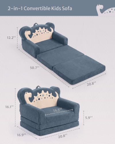 Blissful Diary Kids Couch, 2-in-1 Soft Fold Out Kids Couch, Kids Sofa Chair, Comfy Kids Furniture for Playroom, Reading & Play, Blue Dinosaur - color: Dinosaur Blue