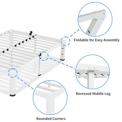 12 Inch White Queen Bed Frame with Round Corners No Box Spring Needed | 3500lbs Heavy Duty, Under bed storage, 4 mattress stoppers, Headboard holes, Noise-free, Easy assembly & rubber covers - size: Queen, style: 12 Inch White