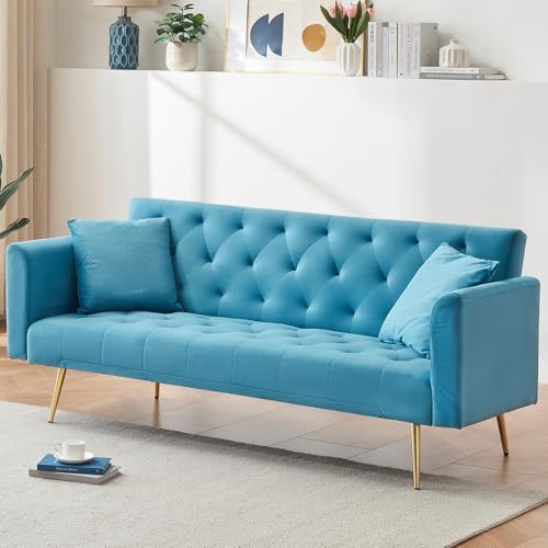 71" Modern Velvet Sofa Bed Futon, Convertible Sleeper Couch, Adj. Backrest | Tufted Recliner Loveseat Design with Golden Chrome Legs & 2 Pillows, Perfect for Small Spaces, Living Room, Apartment - color: Light Blue